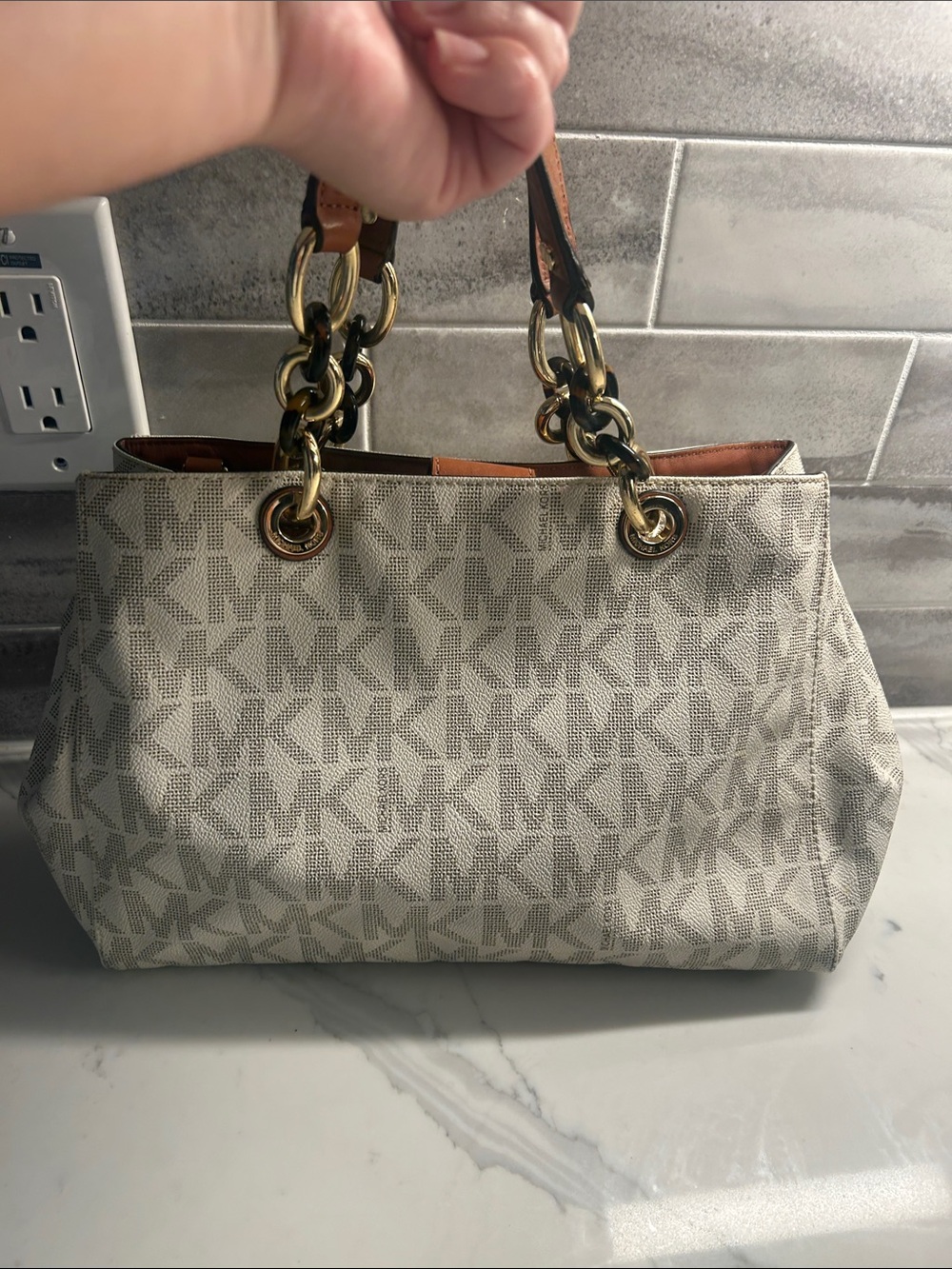 Michael Kors Cynthia Cream MK Logo Tote with Gold Hardware